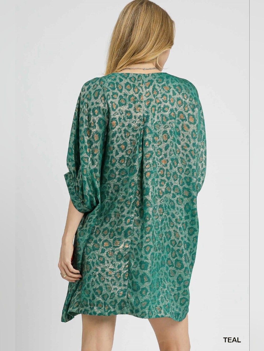 Umgee Metallic Leopard Print V-Neck Kimono Dress- TEAL - Picture 4 of 7